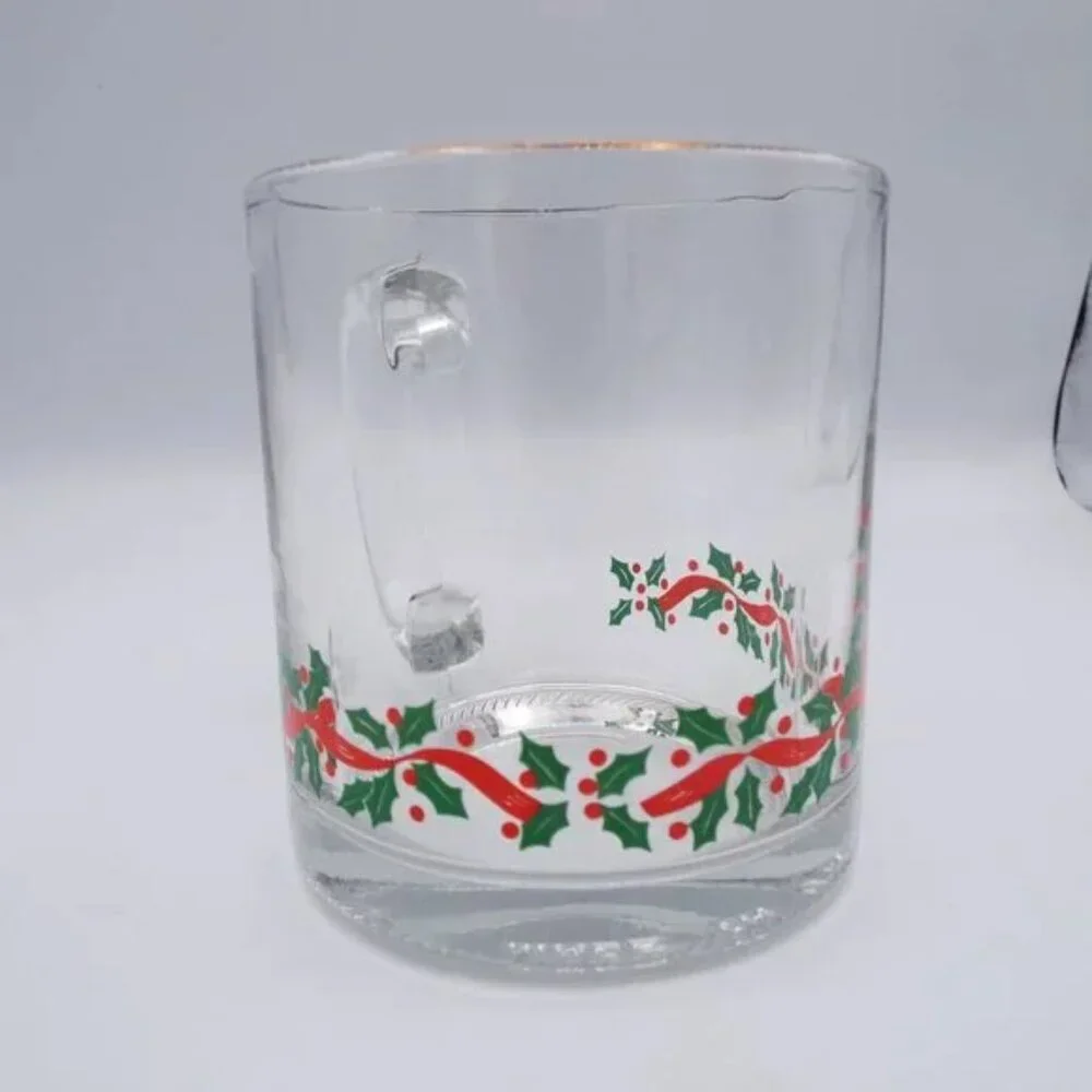 Set Of 4 Vtg Libbey Arby's Glass Coffee Cocoa Mugs Christmas Holly Red Ribbon